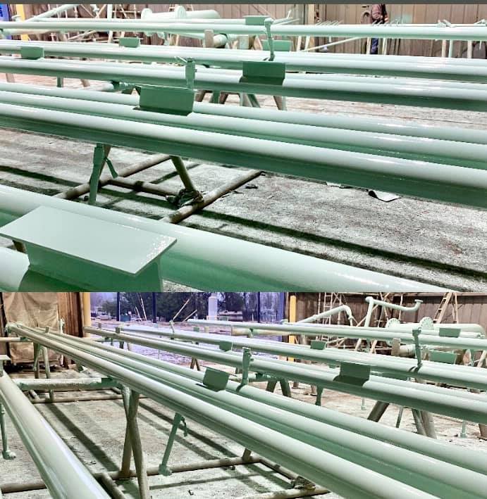 Freshly coated pipe spools at the Valu Industrial Baytown facility
